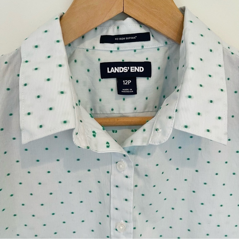 Lands End No Iron Green Embroidered Blue Long Sleeve Button Down Shirt, Size 12P - Picture 4 of 10